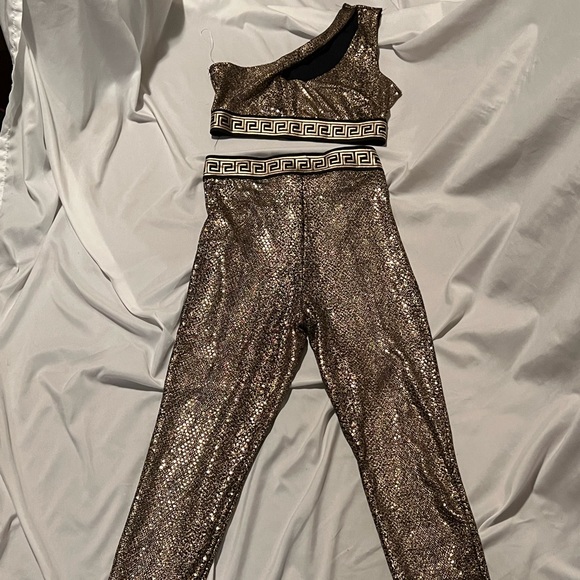 NEW top leggings set faux snakeskin bronze Greco Grecian pattern ladies small - Picture 9 of 11